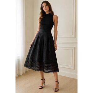 Sachin + Babi  Black Floral Jacquard Midi Skirt Mesh Hem Quiet Luxury Silk 4